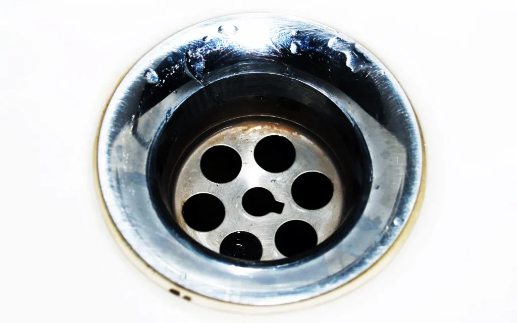 Close-up of a stainless steel sink drain