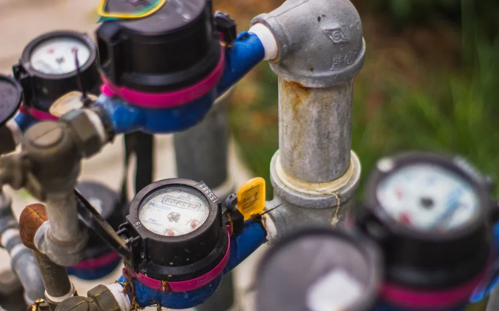 Water meters and dials on a pipe manifold